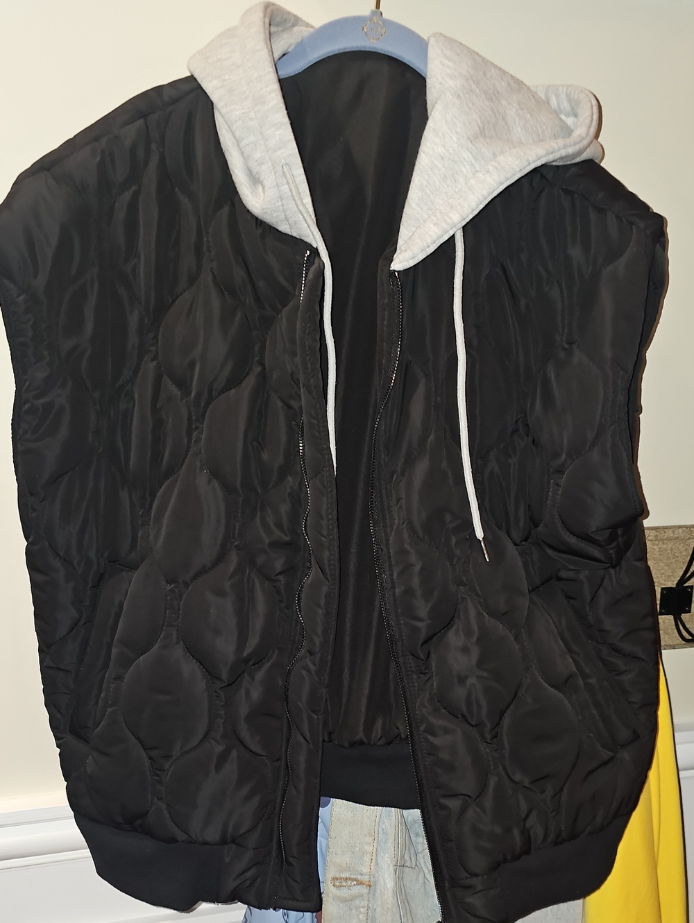 Black Quilted Hooded Vest with Gray Hoodie